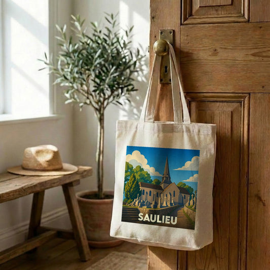 Tote bag souvenir de la ville de Saulieu avec une illustration stylisée.