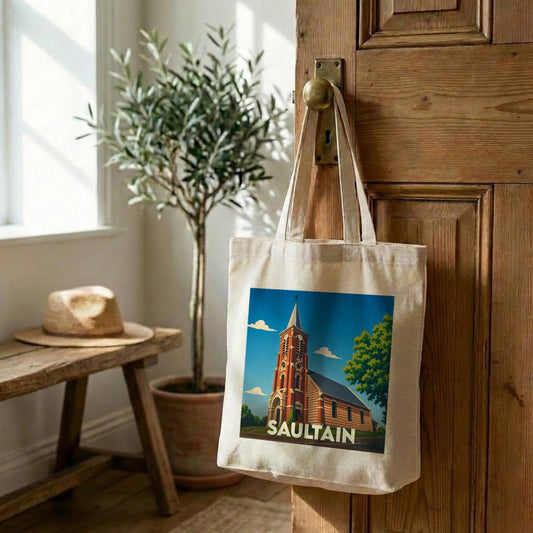 Tote bag souvenir de la ville de Saultain avec une illustration stylisée de son église.