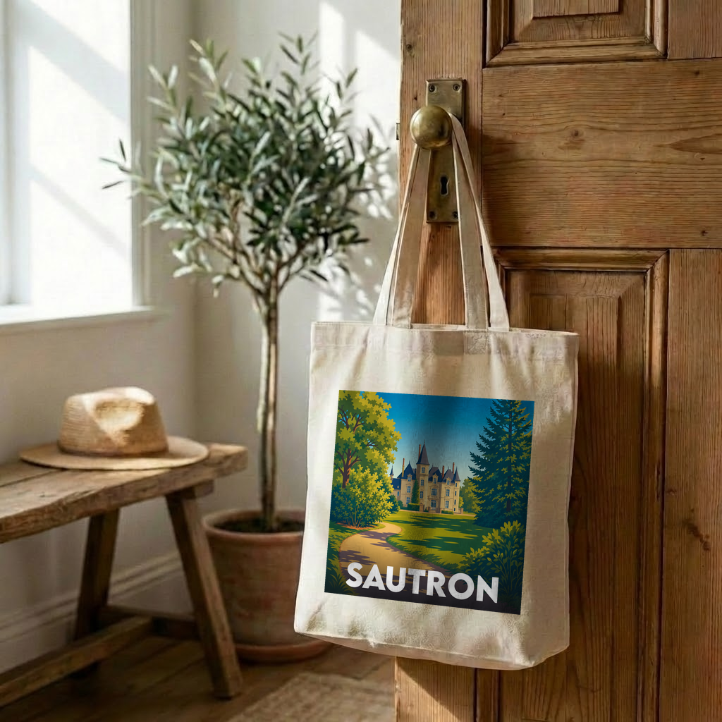 Tote bag souvenir de la ville de Sautron avec une illustration stylisée d'un château.