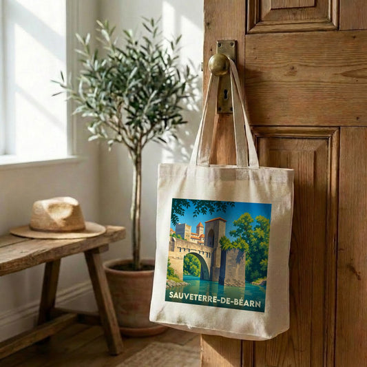 Tote bag souvenir de Sauveterre-de-Béarn illustré d'un dessin stylisé de son pont médiéval.
