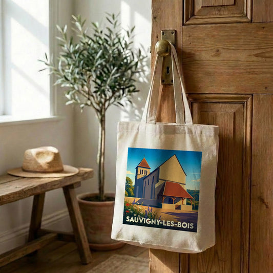 Tote bag souvenir de la ville de Sauvigny-les-Bois avec une illustration stylisée d'une église.