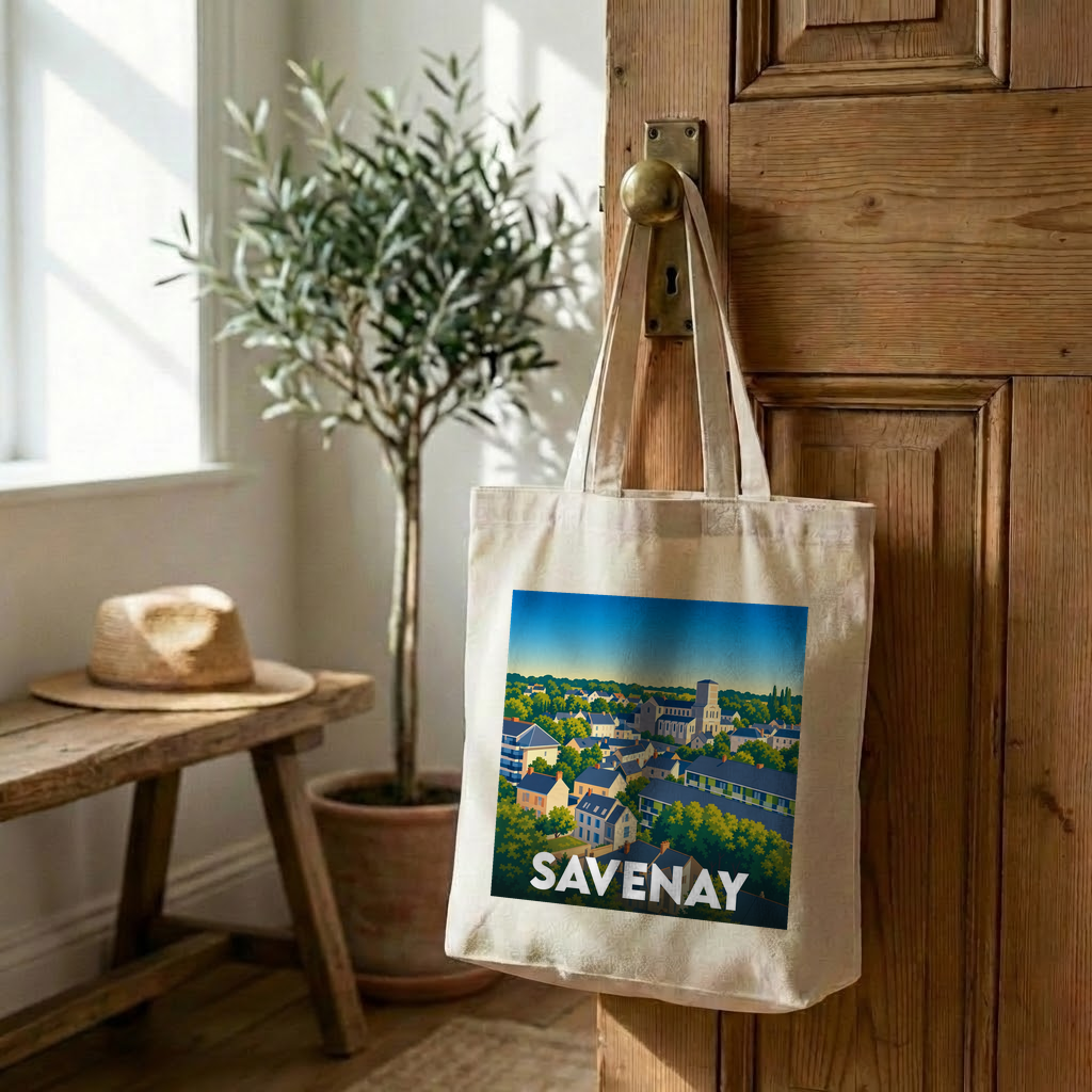Tote bag souvenir de la ville de Savenay avec une illustration colorée et stylisée.