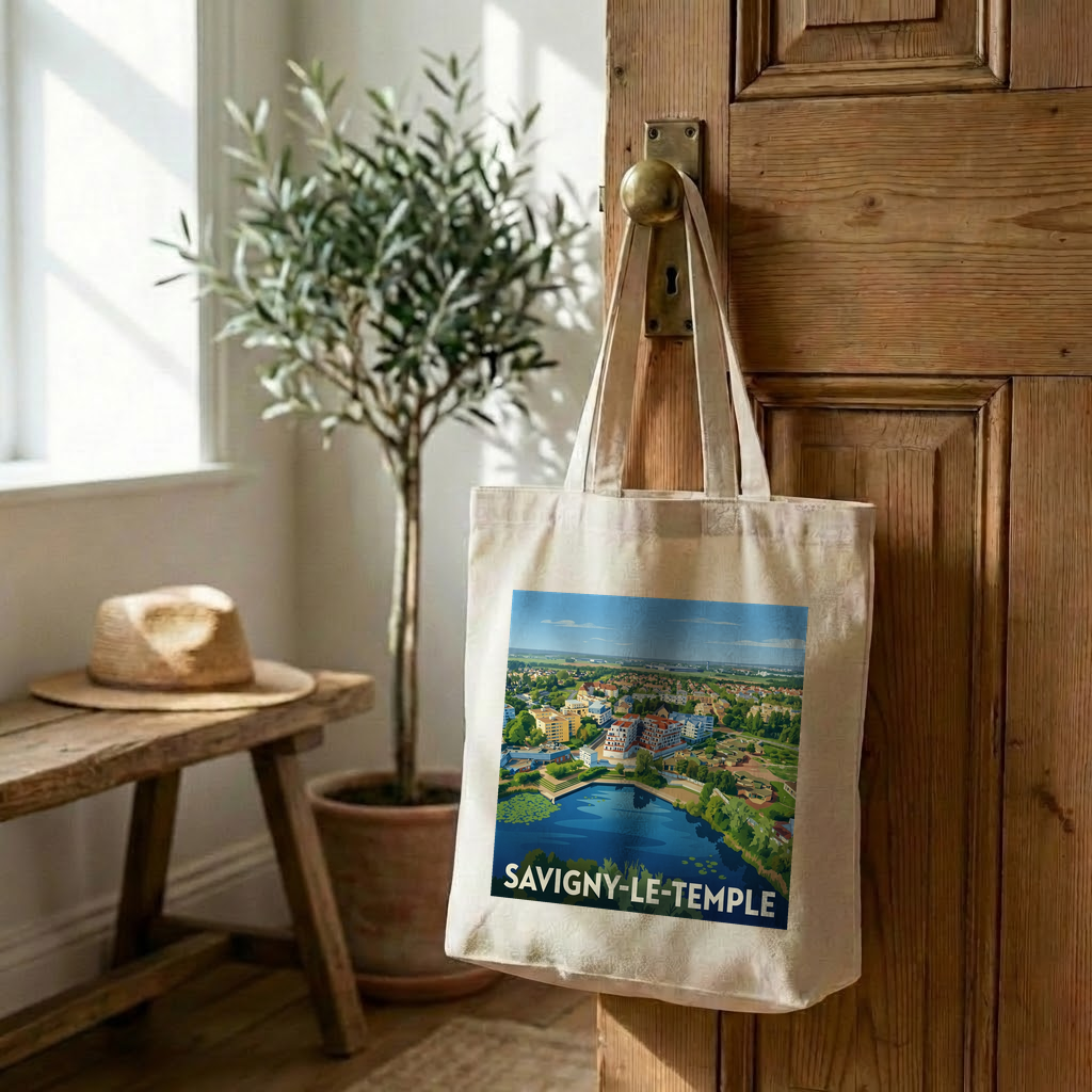 Tote bag souvenir de la ville de Savigny-le-Temple avec une illustration stylisée.