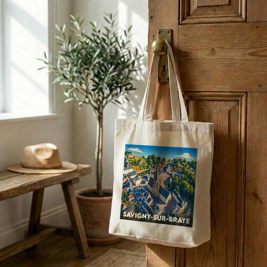 Tote bag souvenir de la ville de Savigny-sur-Braye avec une illustration stylisée.