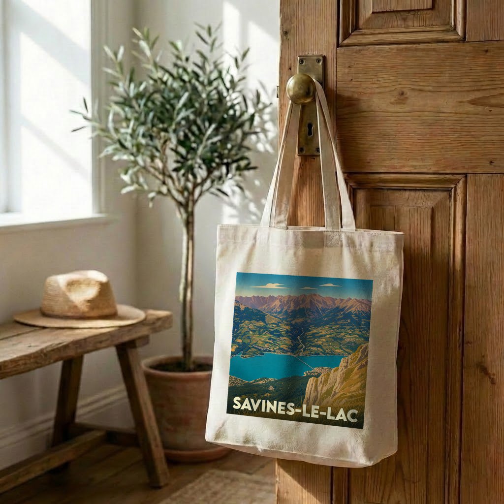 Tote bag souvenir de Savines-le-Lac avec une illustration de paysage montagneux au bord d'un lac.