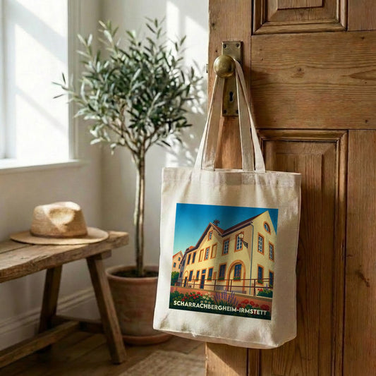 Tote bag souvenir de la ville de Scharrachbergheim-Irmstett avec une illustration stylisée.