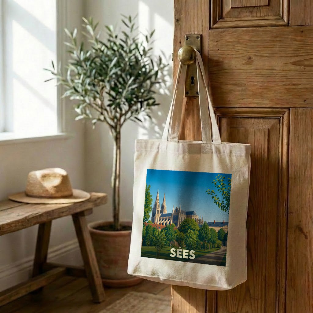 Tote bag souvenir de la ville de Sées avec une illustration stylisée de sa cathédrale.