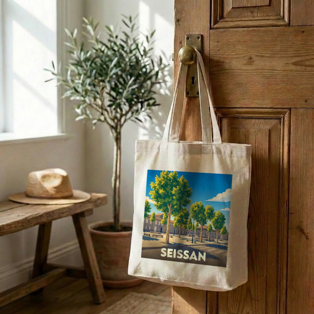 Tote bag souvenir de la ville de Seissan avec une illustration stylisée.