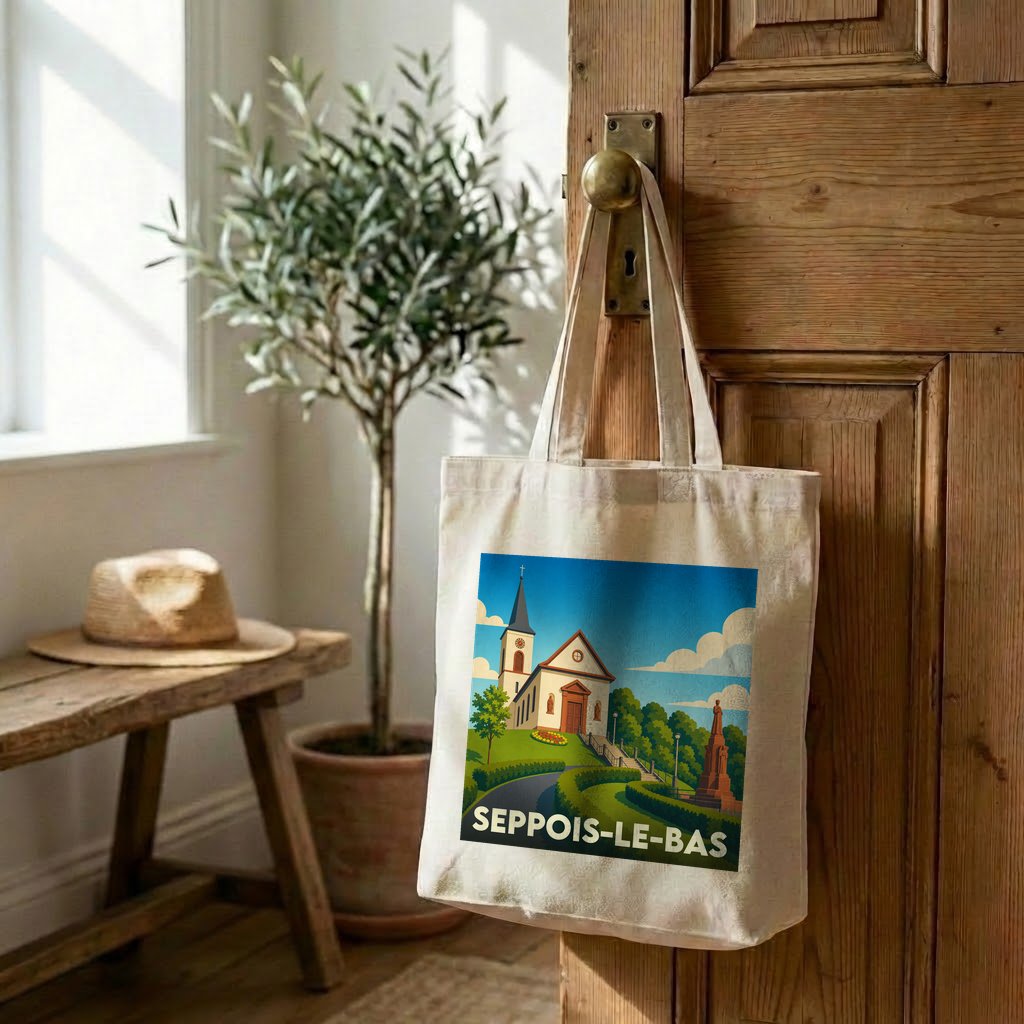 Tote bag souvenir de la ville de Seppois-le-Bas avec une illustration stylisée d'une église.