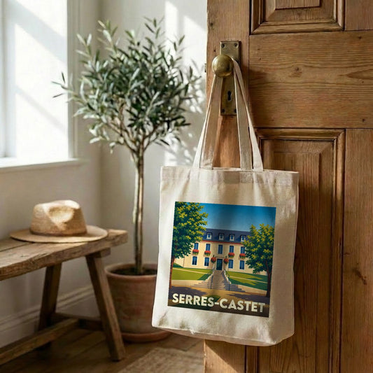 Tote bag souvenir de la ville de Serres-Castet avec une illustration stylisée.