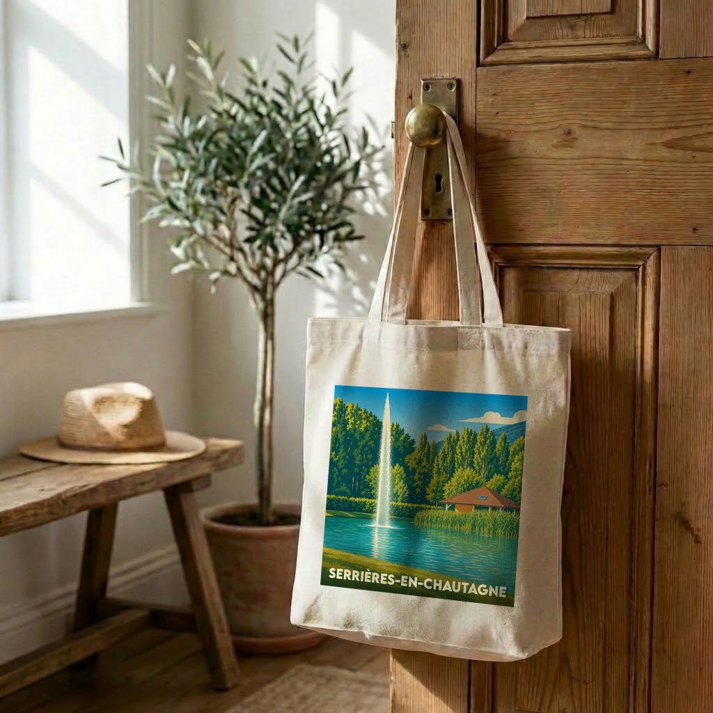 Tote bag souvenir de la ville de Serrières-en-Chautagne avec une illustration stylisée d'un paysage lacustre.
