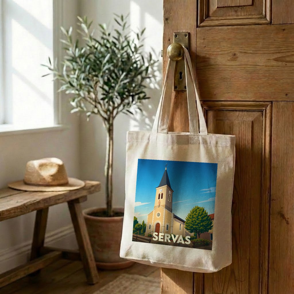Tote bag souvenir de la ville de Servas avec une illustration stylisée de son église.
