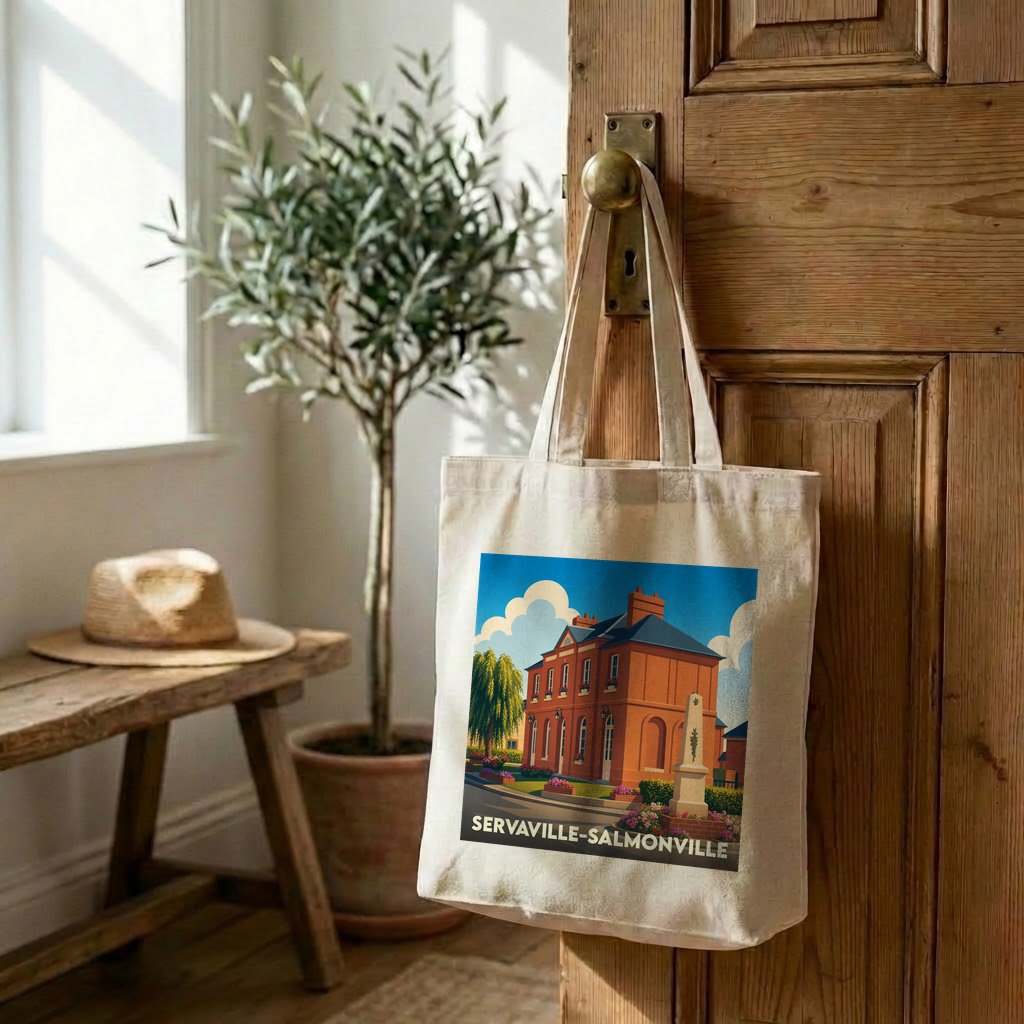 Tote bag souvenir de la ville de Servaville-Salmonville avec une illustration stylisée d'un bâtiment communal.