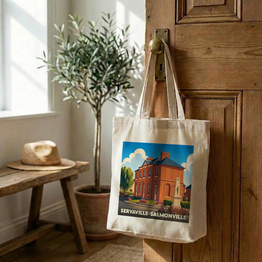 Tote bag souvenir de la ville de Servaville-Salmonville avec une illustration stylisée d'un bâtiment communal.