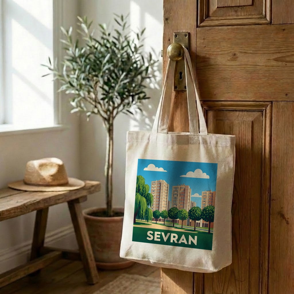 Tote bag souvenir de la ville de Sevran avec une illustration graphique stylisée.