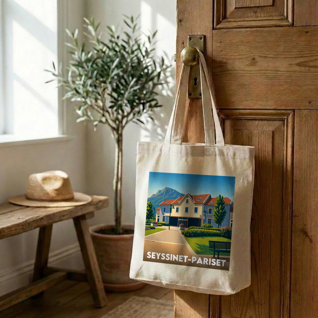 Tote bag souvenir de la ville de Seyssinet-Pariset avec une illustration stylisée.