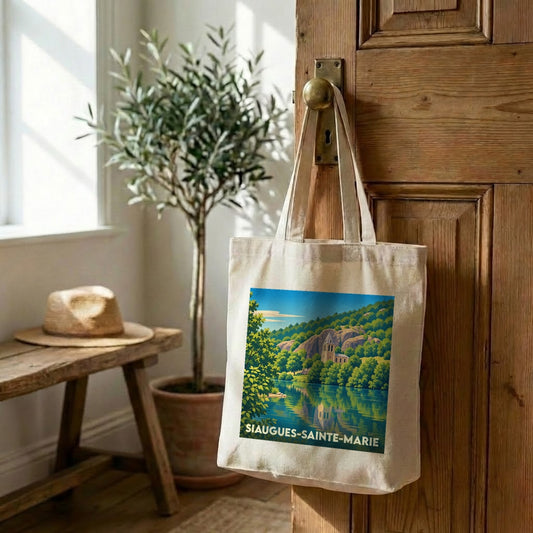 Tote bag souvenir de la ville de Siaugues-Sainte-Marie avec une illustration stylisée d'un paysage de rivière.