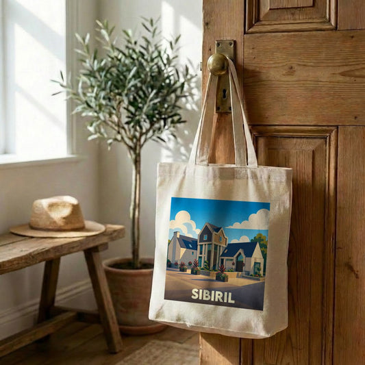 Tote bag souvenir de la ville de Sibiril avec une illustration stylisée.
