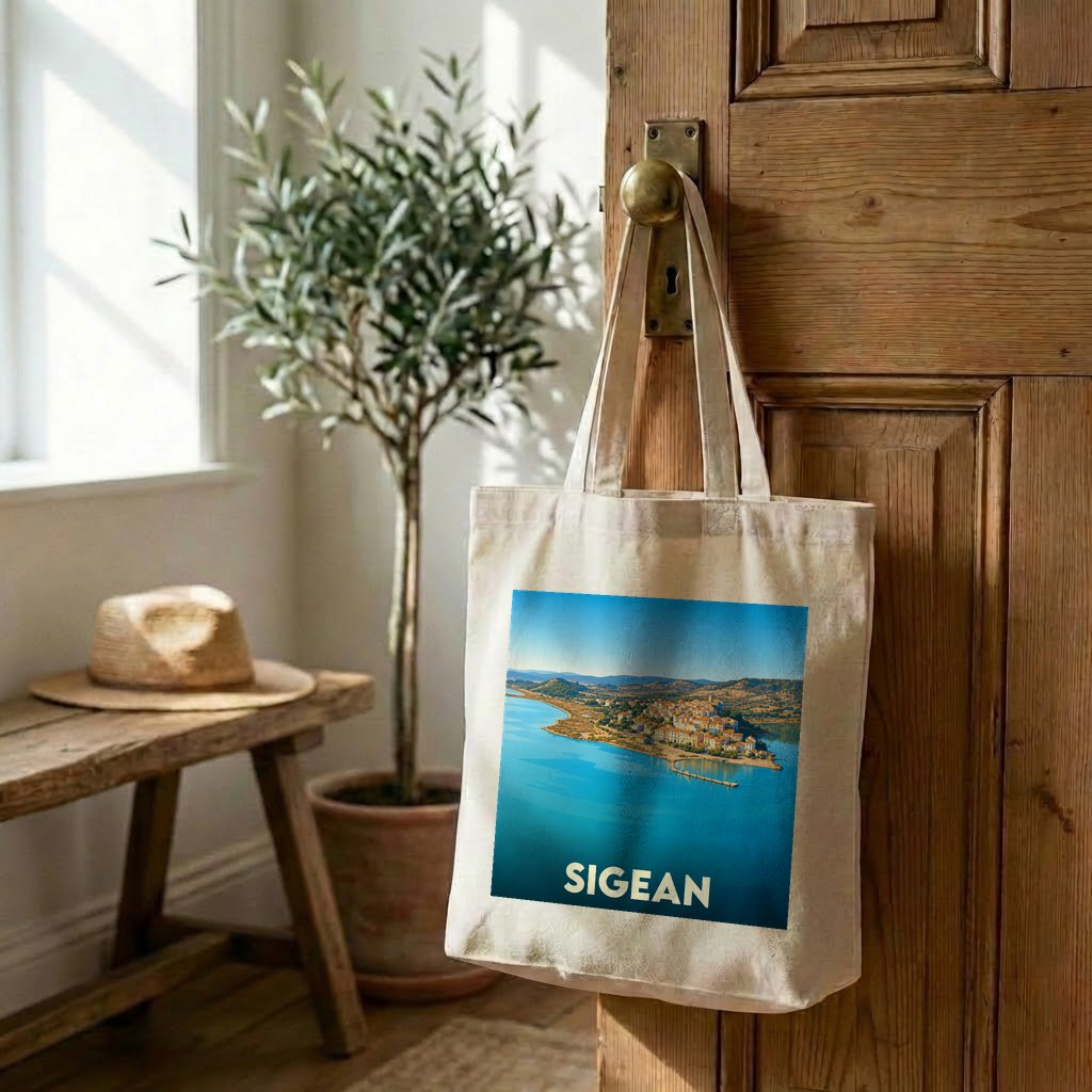 Tote bag souvenir de la ville de Sigean avec une photo de son paysage littoral.