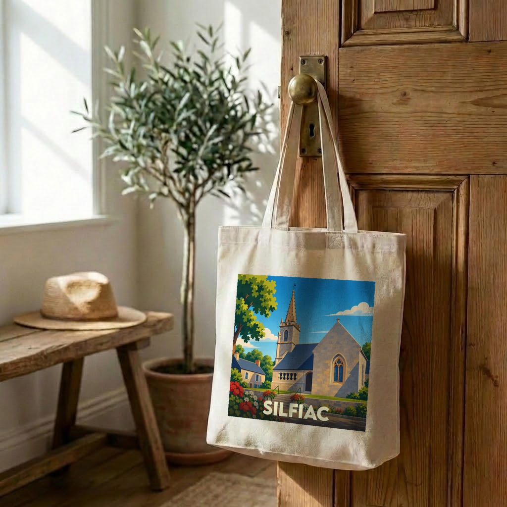 Tote bag souvenir de la ville de Silfiac avec une illustration stylisée de son église.