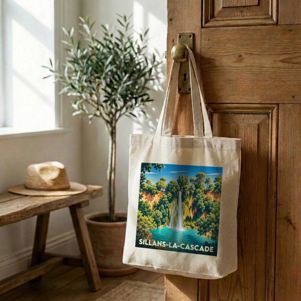 Tote bag souvenir de Sillans-la-Cascade orné d'une illustration stylisée de sa cascade.