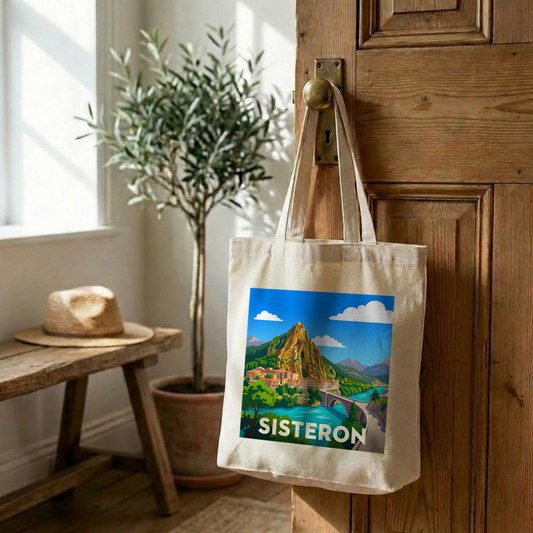 Tote bag souvenir de la ville de Sisteron avec une illustration stylisée.