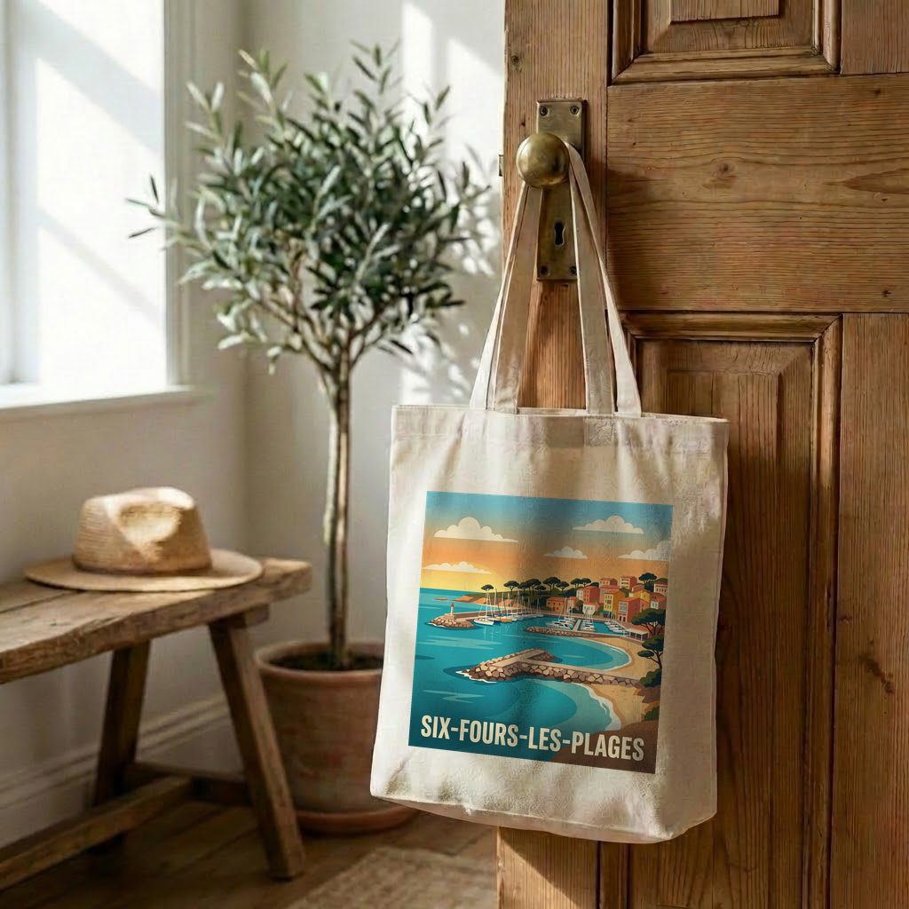 Tote bag souvenir de la ville de Six-Fours-les-Plages avec une illustration stylisée.
