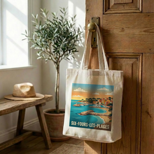 Tote bag souvenir de la ville de Six-Fours-les-Plages avec une illustration stylisée.