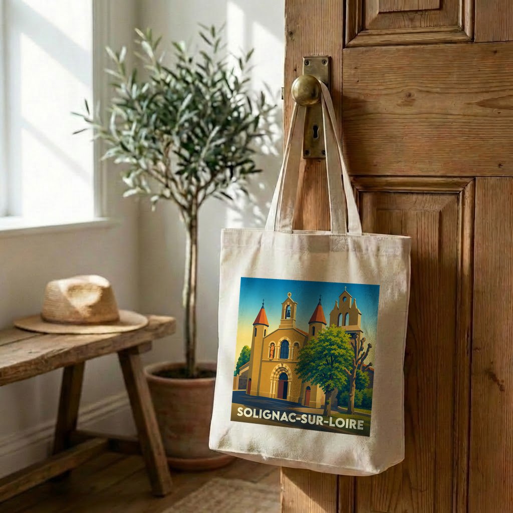 Tote bag souvenir de la ville de Solignac-sur-Loire avec une illustration stylisée de son église.
