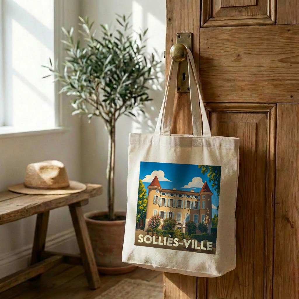 Tote bag souvenir de la ville de Solliès-Ville avec une illustration stylisée d'un château provençal.