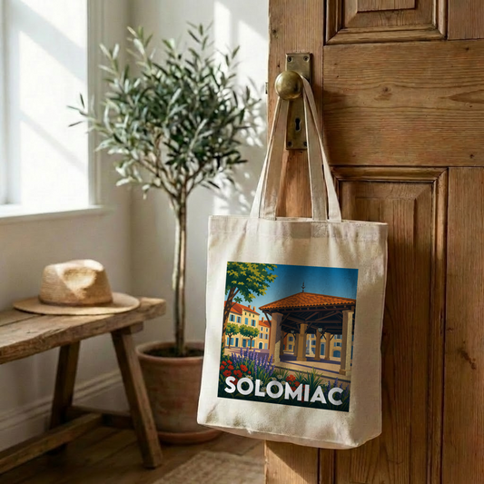 Tote bag souvenir de la ville de Solomiac avec une illustration stylisée.