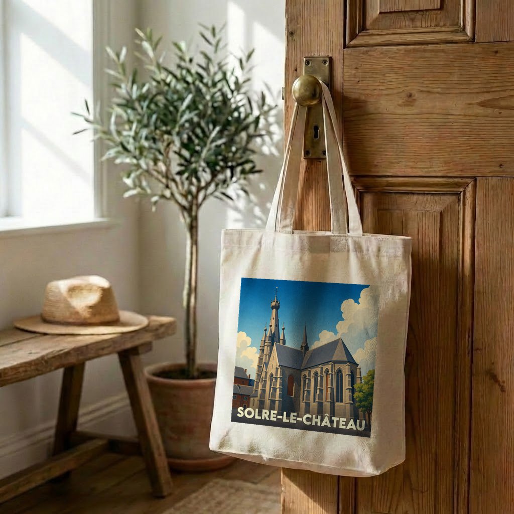 Tote bag souvenir de la ville de Solre-le-Château avec une illustration stylisée d'église.
