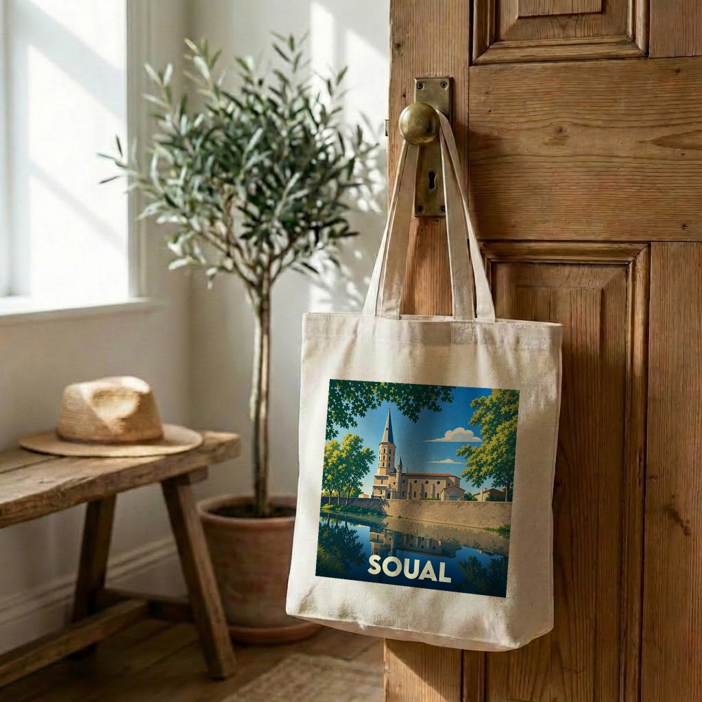 Tote bag souvenir de la ville de Soual avec une illustration stylisée.