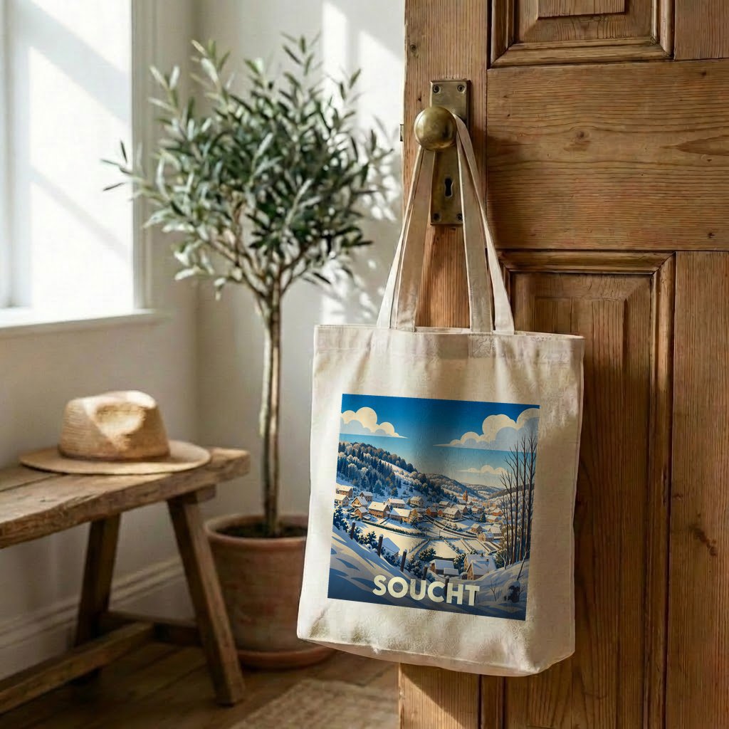 Tote bag souvenir de la ville de Soucht avec une illustration hivernale stylisée.