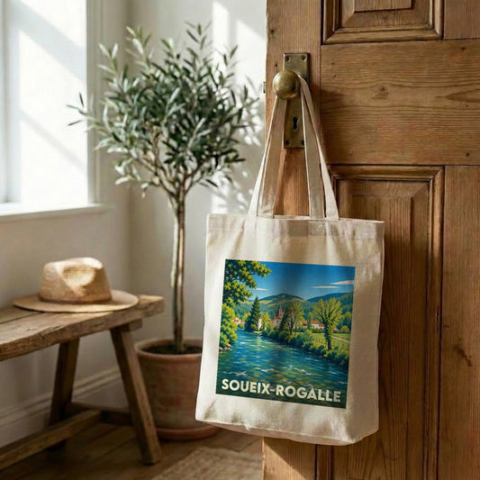 Tote bag souvenir de la ville de Soueix-Rogalle avec une illustration de paysage colorée.