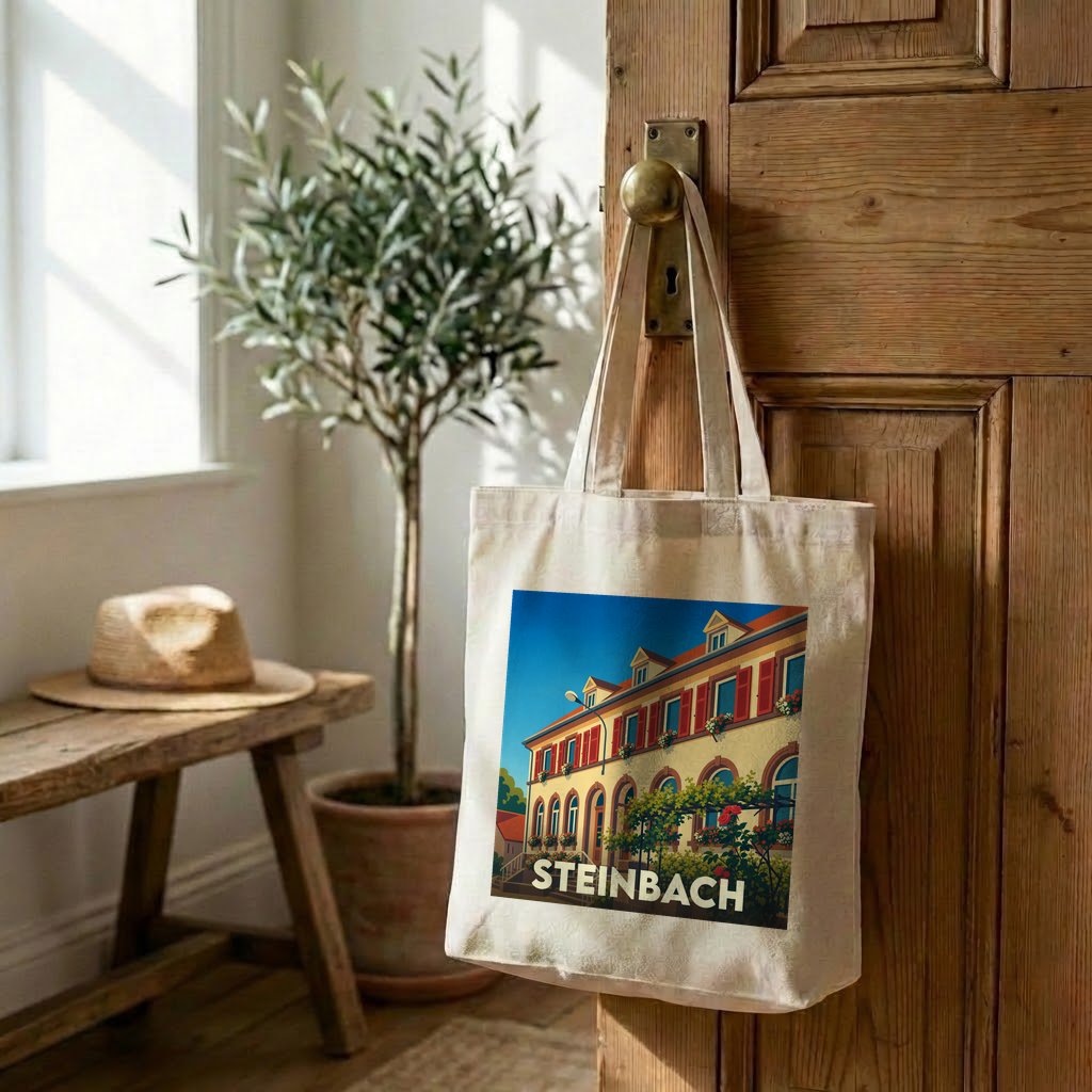 Tote bag souvenir de la ville de Steinbach avec une illustration colorée et stylisée.