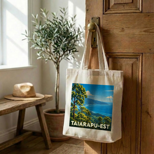 Tote bag souvenir de Taiarapu-Est avec une illustration de paysage côtier stylisée.