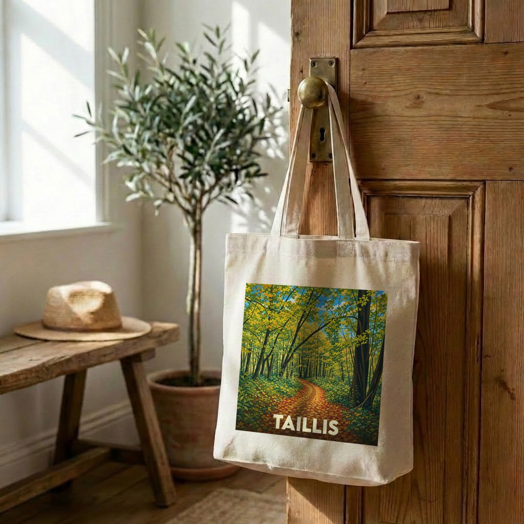Tote bag souvenir de la ville de Taillis avec une illustration de forêt automnale.