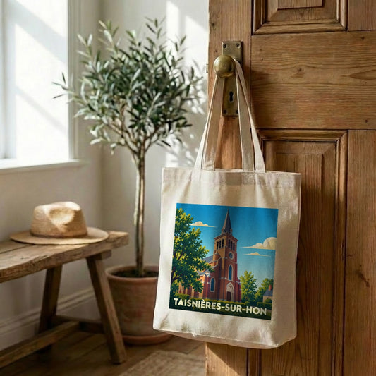Tote bag souvenir de la ville de Taisnières-sur-Hon avec une illustration stylisée d'une église.