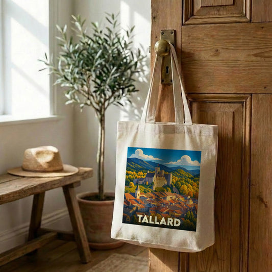Tote bag souvenir de la ville de Tallard avec une illustration stylisée.