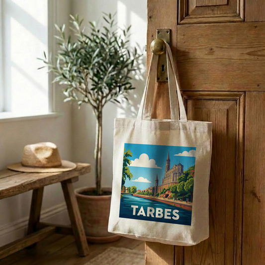 Tote bag souvenir de la ville de Tarbes avec une illustration stylisée.