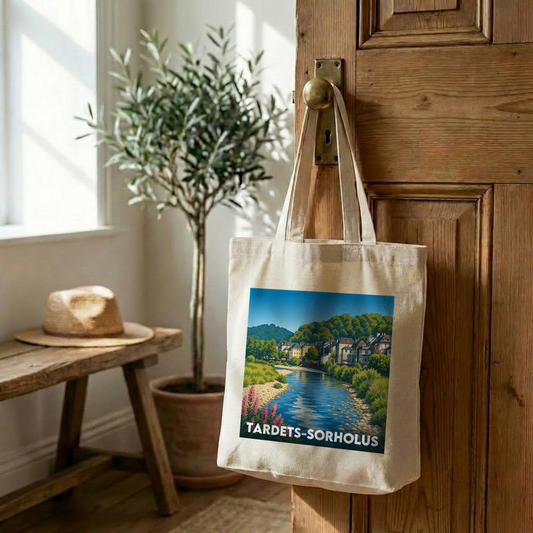 Tote bag souvenir de la ville de Tardets-Sorholus avec une illustration stylisée d'un paysage de village en bord de rivière.