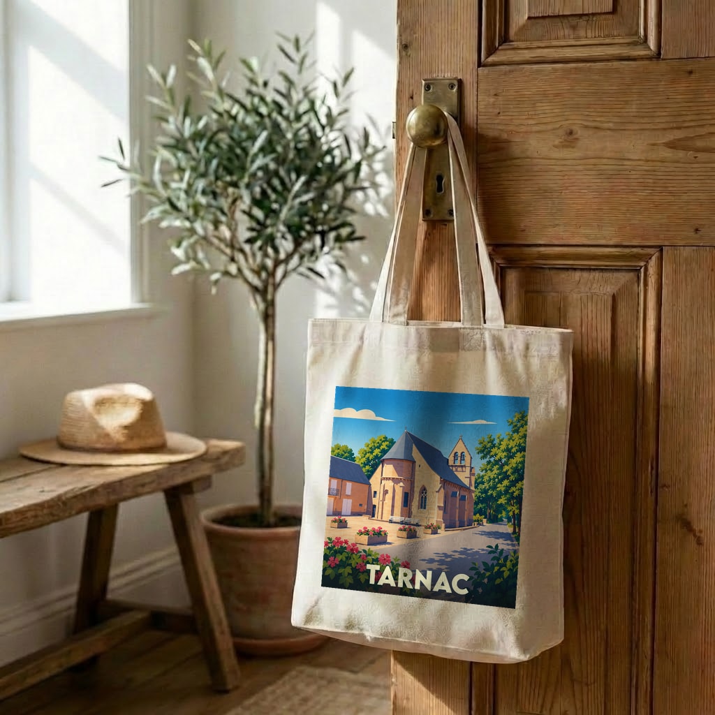 Tote bag souvenir de la ville de Tarnac avec une illustration stylisée.