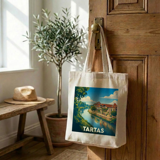 Tote bag souvenir de la ville de Tartas avec une illustration stylisée d'un paysage fluvial.
