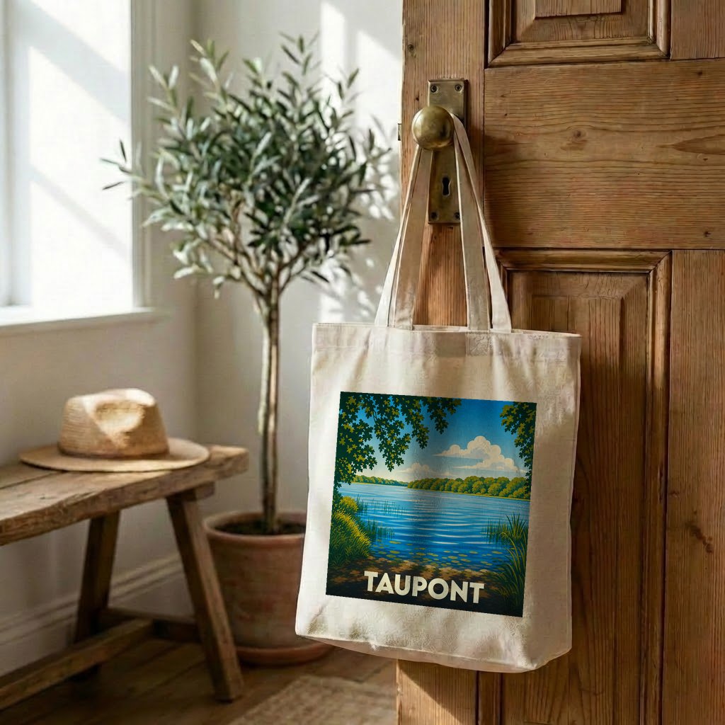 Tote bag souvenir de la ville de Taupont avec une illustration de lac stylisée.