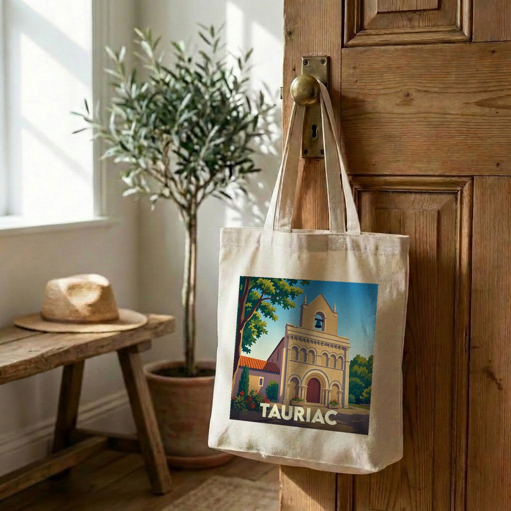 Tote bag souvenir de la ville de Tauriac avec une illustration stylisée de son église.