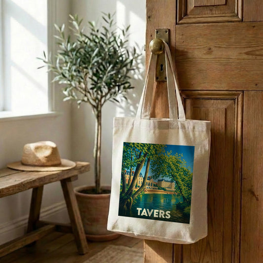 Tote bag souvenir de la ville de Tavers avec une illustration stylisée.
