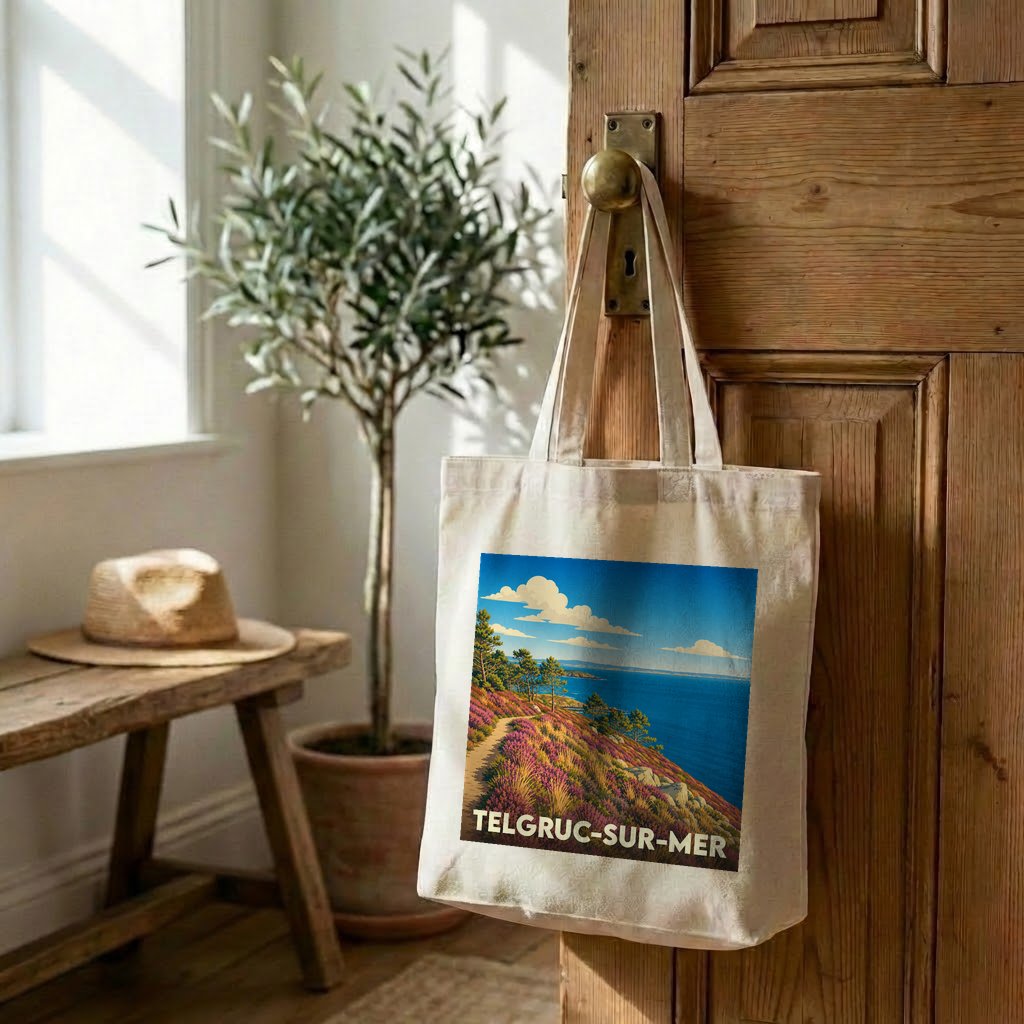 Tote bag souvenir de la ville de Telgruc-sur-Mer avec une illustration stylisée de son paysage côtier.