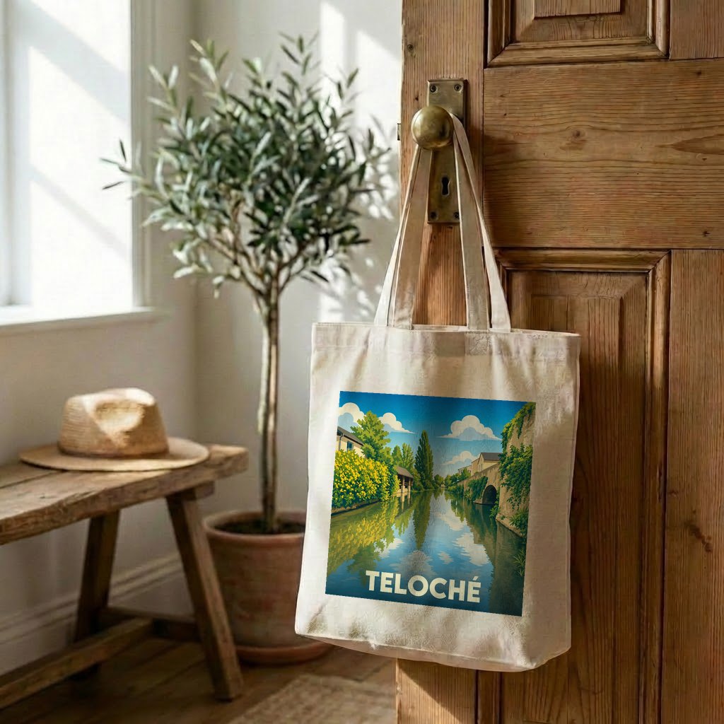 Tote bag souvenir de la ville de Teloché avec une illustration stylisée de ses bords de rivière.