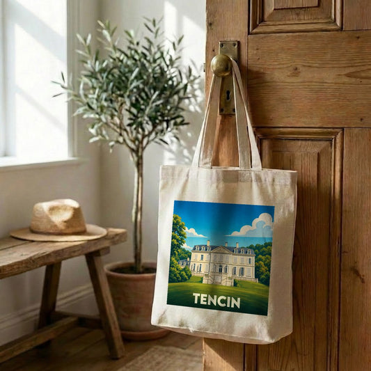 Tote bag souvenir de la ville de Tencin avec une illustration stylisée.